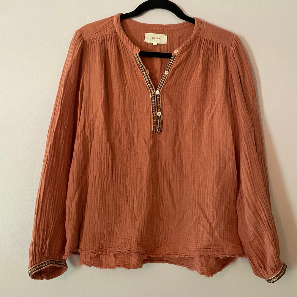 Xirena Pink Colette Gauze Henley Embroidered Long Sleeve Cotton Women size Small